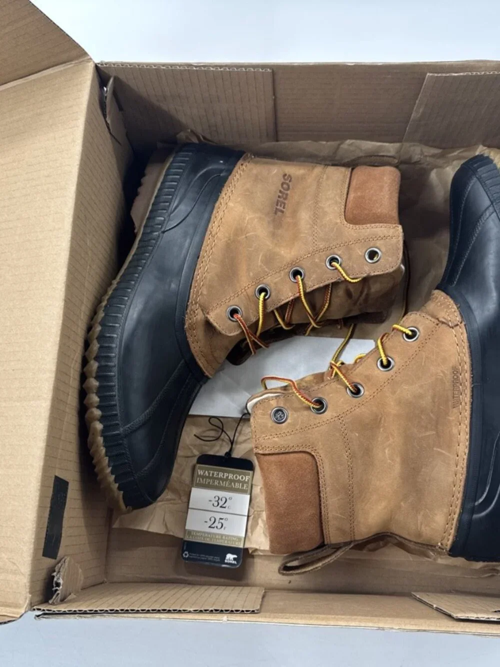 Sorel Waterproof Boots Mens 13 Brown Full Grain Leather Cheyanne Snow Winter Box